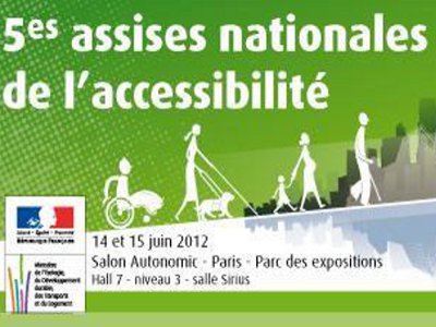 Affiche des cinquieme assise de l'accessibilite organisé a Paris, Une affiche ou sont dessine le handicap moteur, visuel et femme enceinte avec son enfant et personne âgé avec une canne 