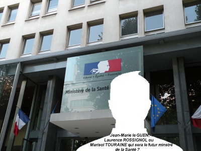 La Façade du ministère de la santé à Paris avec devant en montage un portrait en fond blancs évoquant l’anonymat de celui qui sera le futur ministre en charge de la santé