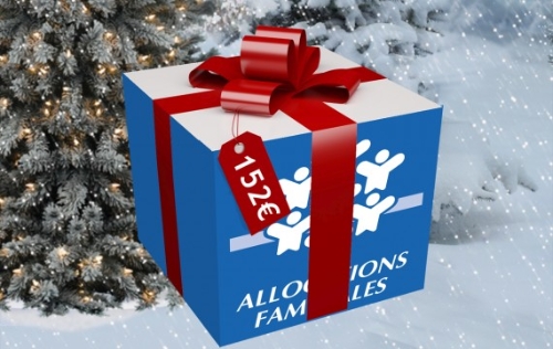 Prime de noël 2012. Montage avec le logo de la caf emballé en forme de cadeaux