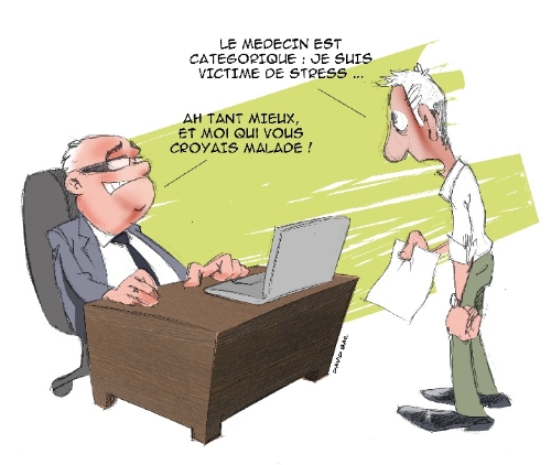 Semaine pour la qualité de vie au travail illustré ici avec salarié face a son DRH qui lui met en avant son arrêt maladie a cause du Stress