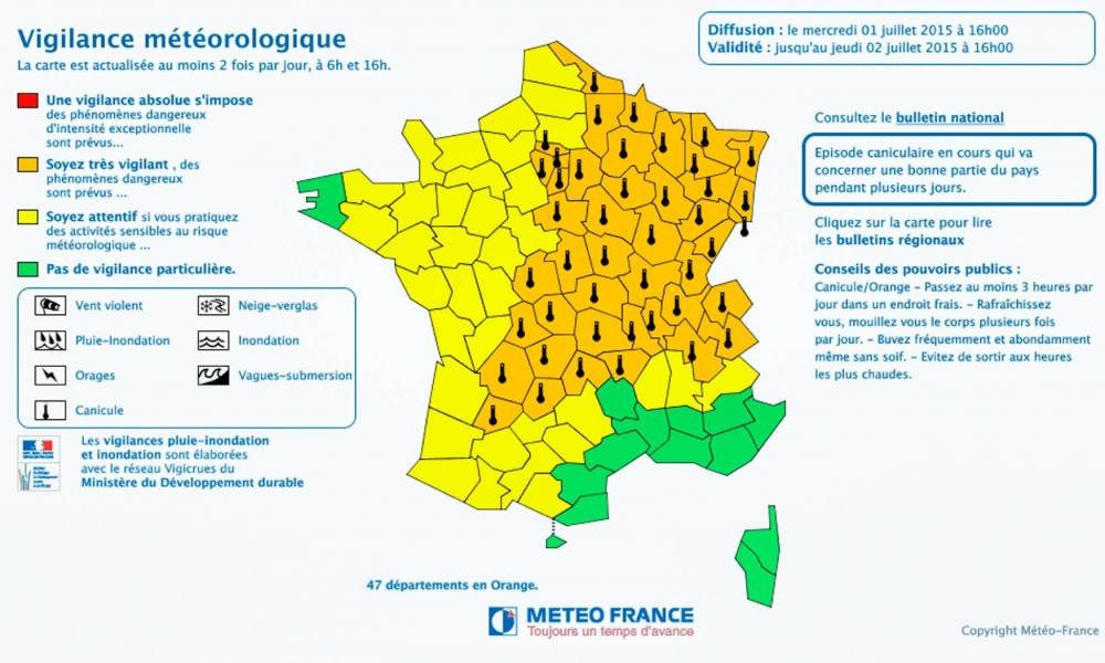 Carte Vigilence Plan Canicule de Meto France