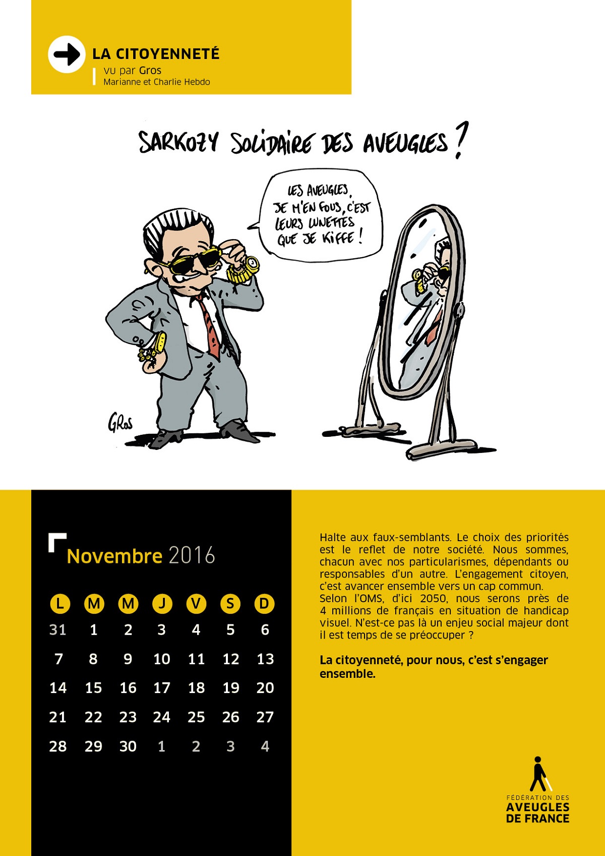 Calendrier Aveugles De France de Novembre 2016 avec Nicolas SARKOZY