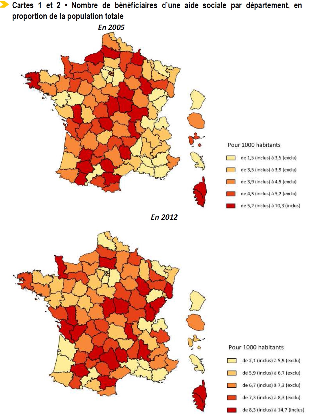Cartes 1 Nombre de beneficiaires d une aide sociale par departement entre 2005 et 2012