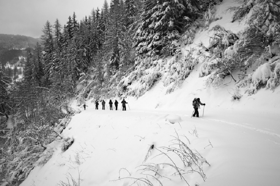 Une partie des binomes dans le cadre d un entrainement ski de rando dans les Alpes a Peisey en janvier 2017