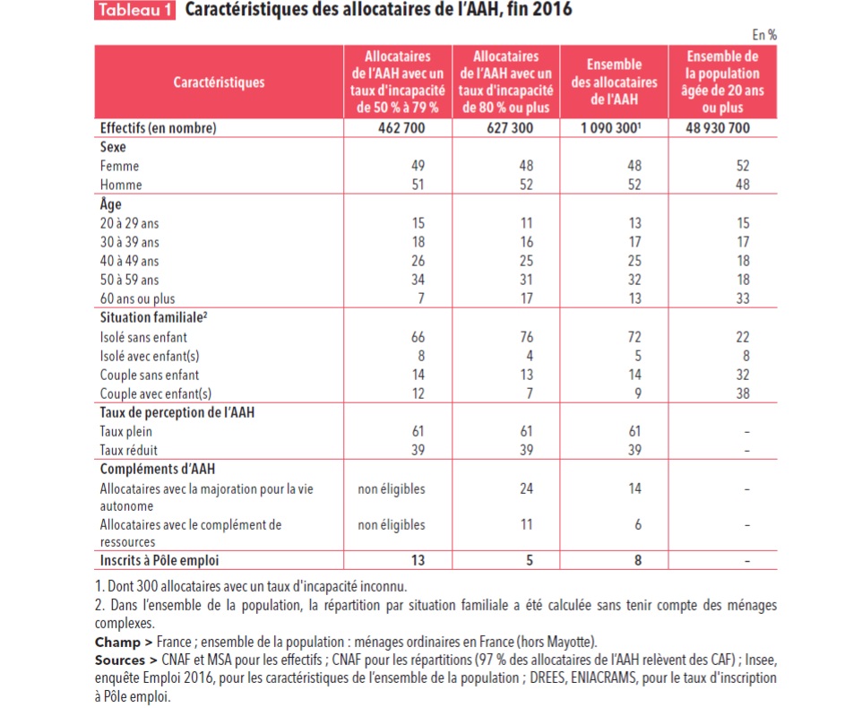 Tableau 1 Les caracteristiques des allocataires de lAAH fin 2016 fiche 27 page 181 a 186