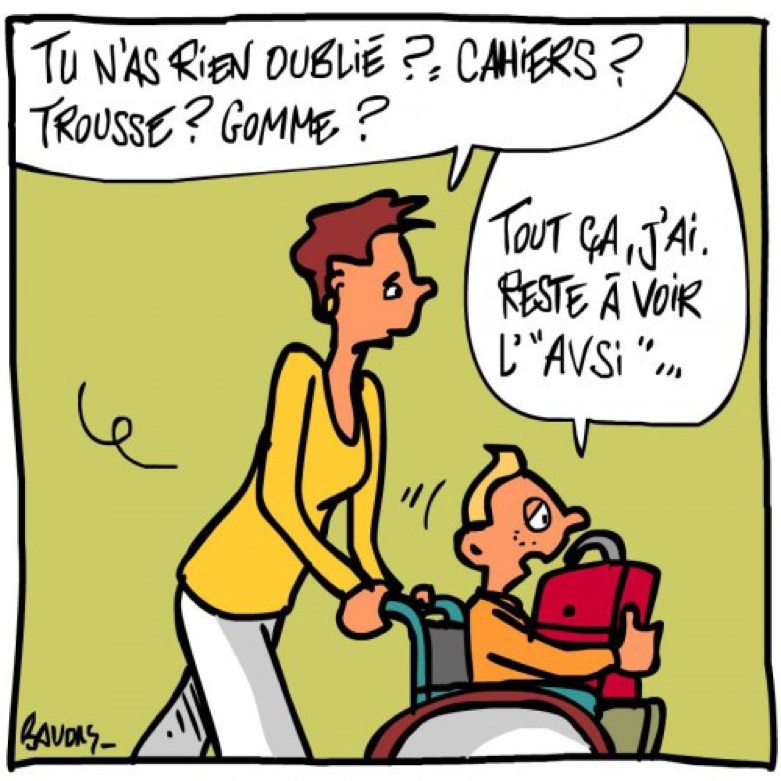 Une mere demande a son fils si il n a rien oublie pour l ecole reste a voir si l AVS sera presente