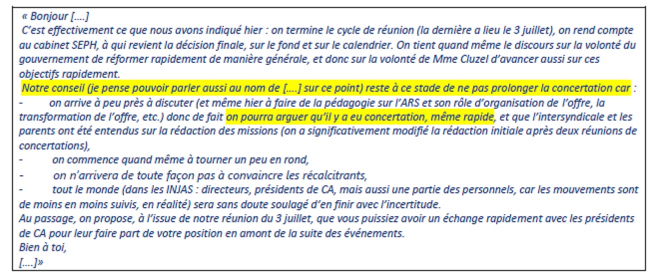 Extrait de l'email de la personne dirigeant les négociation envoyé au cabinet du ministre Sophie CLUZEL 9f575