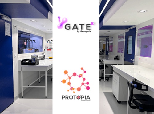 Un panneau avec le nom des nouvelles plateformes baptisées Gatex et Protopia © Génopôle 2025