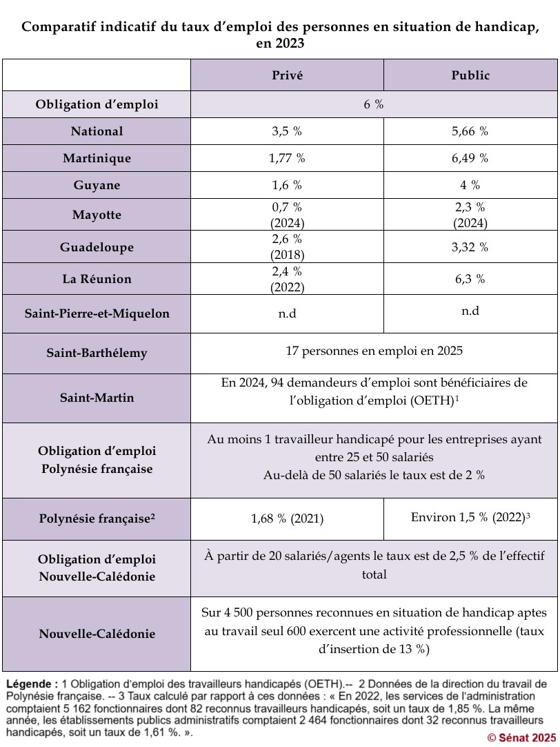 Comparatifindicatif du taux d’emploi des personnes en situation de handicap en 2023 © Capture Rapport Sénat 2025