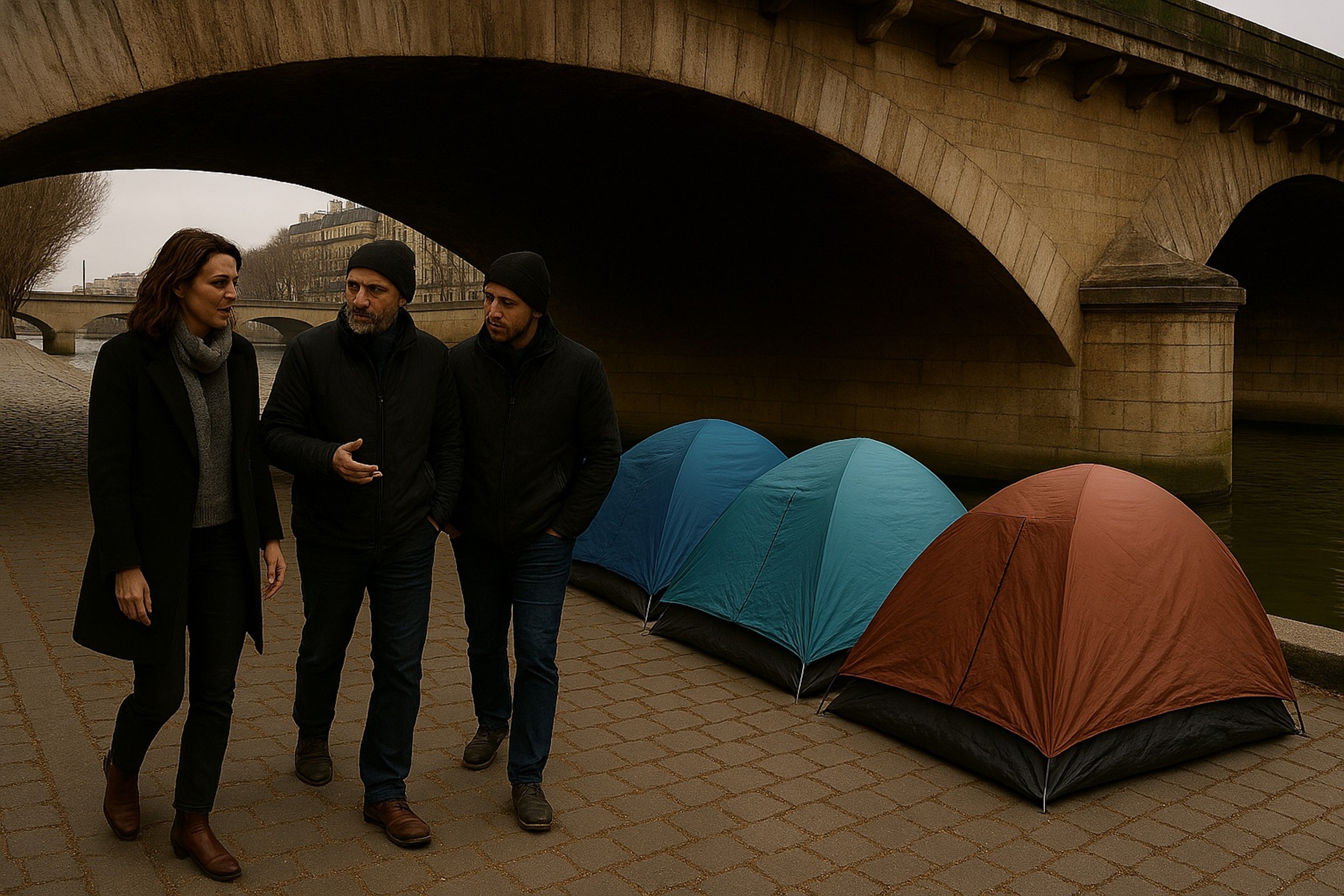 Des tentes de sans-abris sous les ponts parisiens en janvier 2025 devant lequel passe des Parisiens parfois dans l'indifférence (Illustration) © Photo FHI 2023