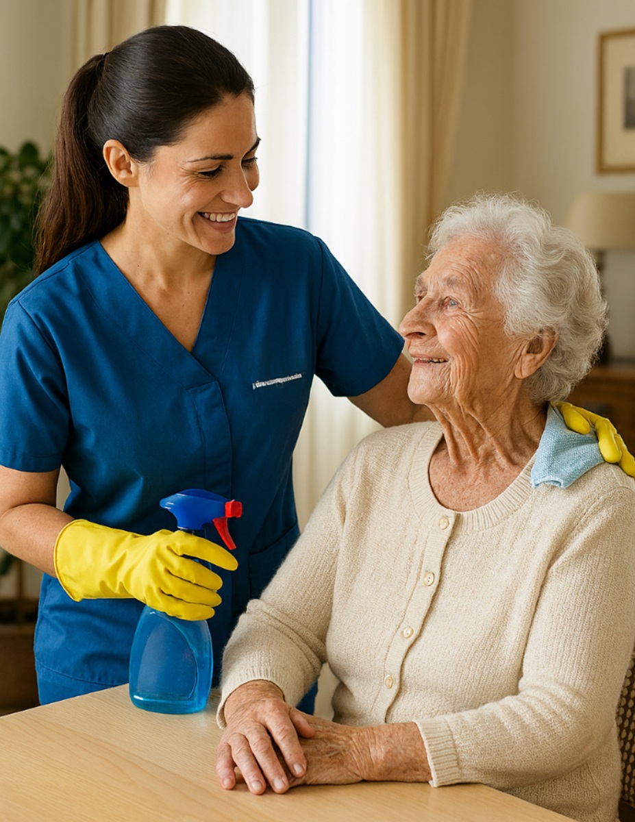 Une aide-ménagère au service d'une personne âgée à son domicile et en perte d'autonomie en France © HPI / FHI 2025
