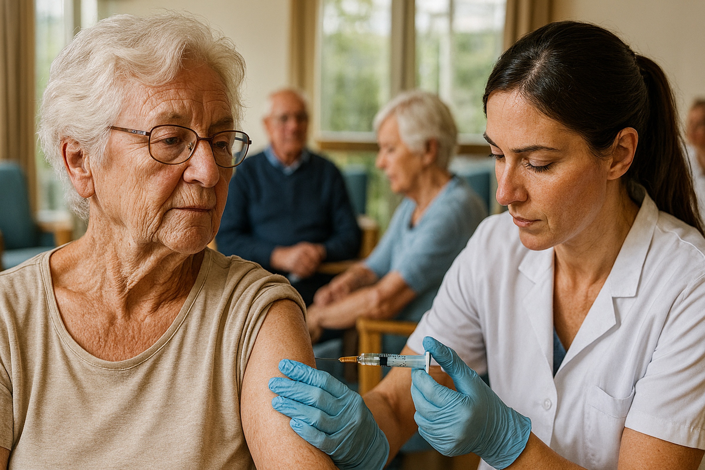 Une personne âgée dans un EHPAD en train de se faire vacciner contre la grippe par un professionnelle. Des résidents qui sont près 90 % être vacciner contre 21 % pour les professionnels © FHI 2025 (Illustration)