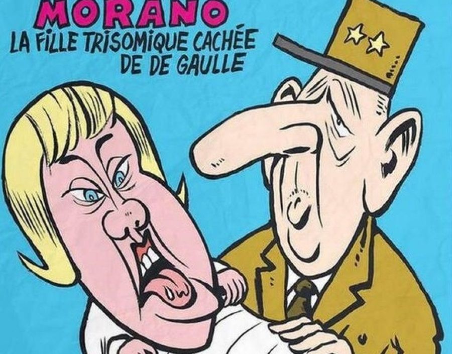 Couverture du_journal_Charlie_Hebdo_avec_Nadine_MORANO_en_bebe_trisomique_dans_les_mains_du_general_de_gaule