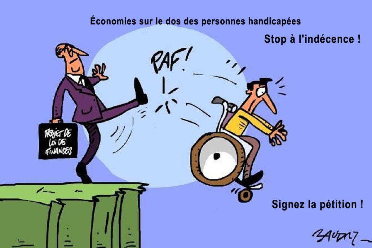 Dessin de la nouvelle petition lance par l APF sur le projet de loi de Finance 2016 et dit stop a l_indecence