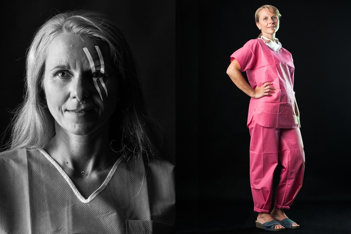 De gauche a droite le portrait de Stéphanie MERIGOUX puis debout dans sa combinaison d'infirmière 1c2ce