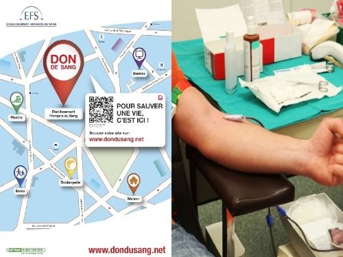 A droite l'affiche de la don de sang et a gauche un homme recevant du sang