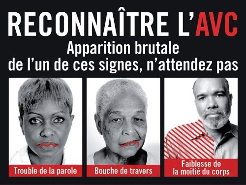 journée européenne de l'AVC sur une affiches les trois principaux symptômes qui ne trompent pas !!!