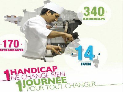 Affiche de l&rsquo;op&eacute;ration emploi organis&eacute; par le groupe de restauration Flo intitul&eacute; "un handicap ne change rien une journ&eacute;e peut tout changer"