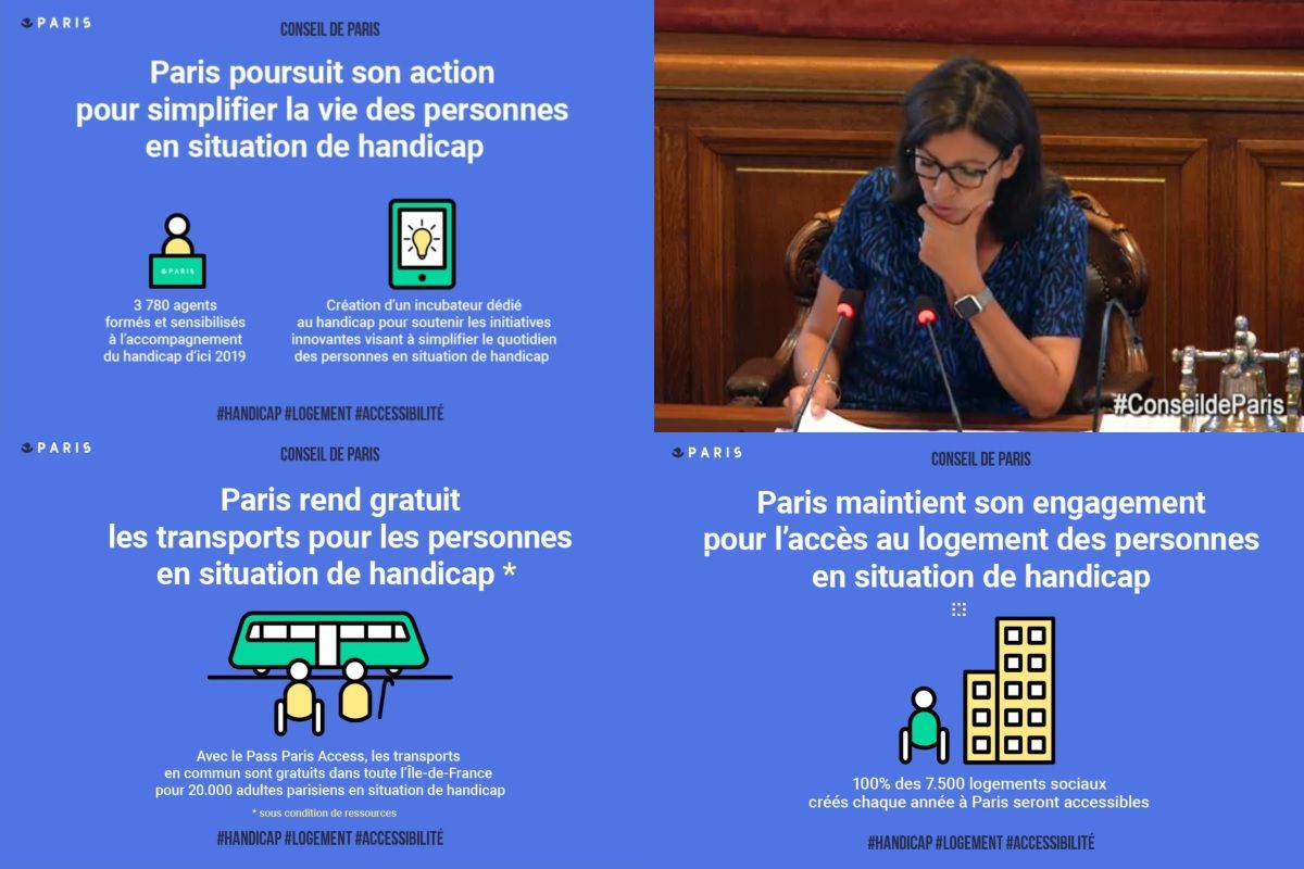 Les quatre objectifs de la villes et avancee sur le plan 2017 2021 vote en mars 2017 et la Maire de Paris Anne HILDAGO en haute a gauche lors du Conseil de Paris le 2 juillet 2018