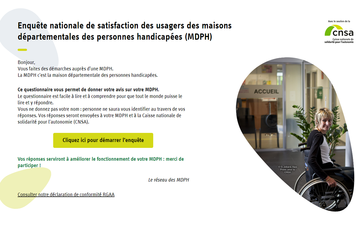 Page dacceuil du site www.mamdph monavis.fr realisant une enquete de satisfaction des usagers des MDPH