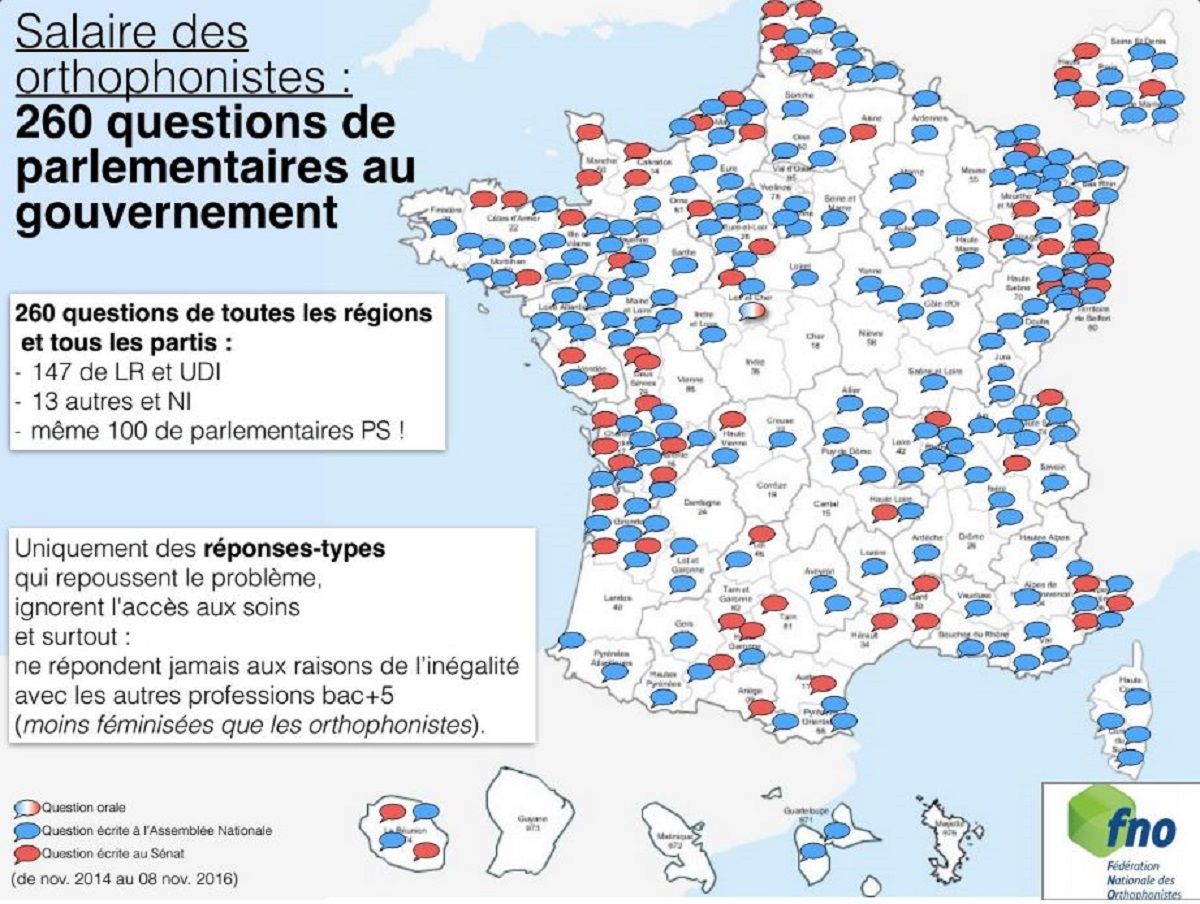 Carte de france des questions pose par les deputes et senateurs sur les difficultes professionnelles des orthophonistes