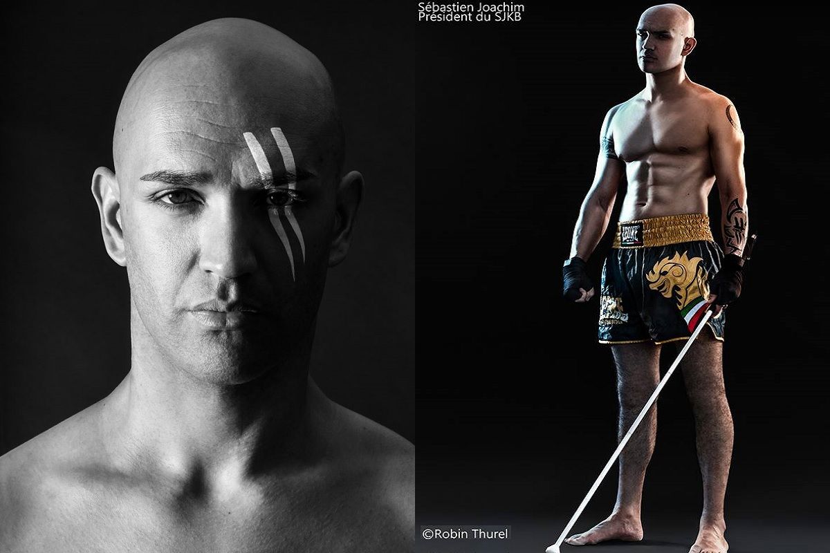 De gauche a droite le portrait de Sébastien JOACHIM et lui en tenu de boxe tenant une canne blanche b6c7f