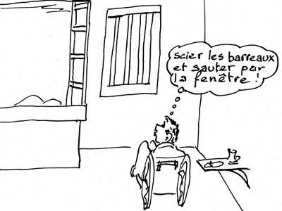 Un homme dessinée s’interrogeant si il doit scier les barreaux ou sauter par la fenêtre (Illustration)