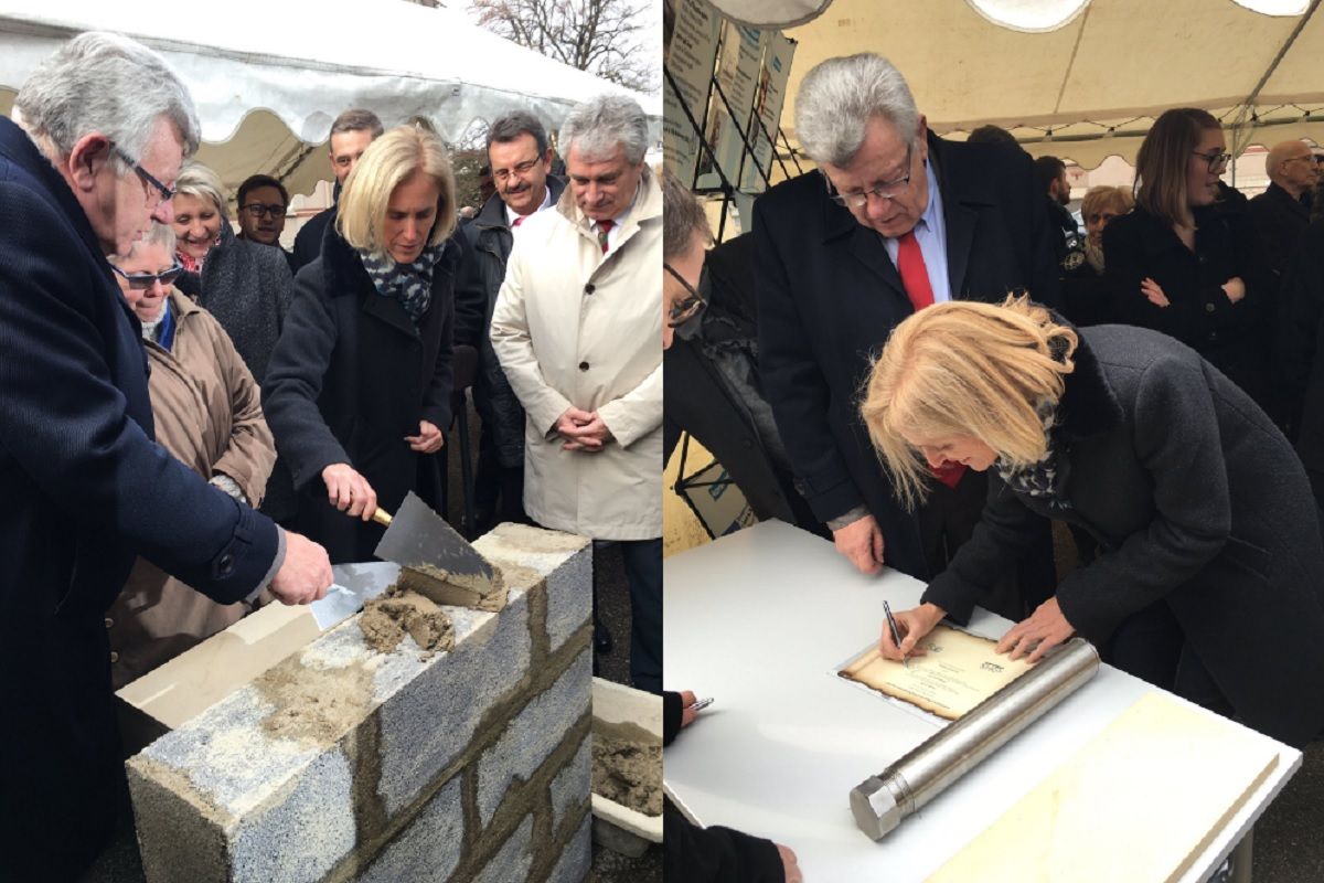 Pause de la premiere pierre par segolene neuville et le secretaire d etat au budget a l ITPE de Val de Briey en Meurthe et Moselle