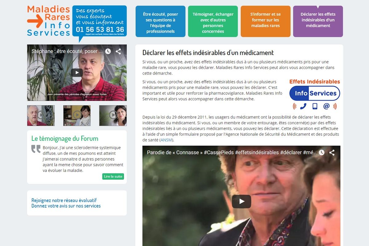 Page acceuil du site Maladie Rares info service sur les effets indesirables des medicaments