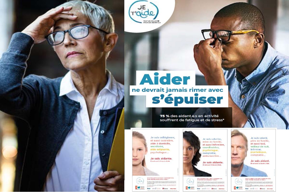 A gauche une femme représentant une aidantes a droit l'affiche de la pétition et bas les trois affiche de campagne 2018 36d05