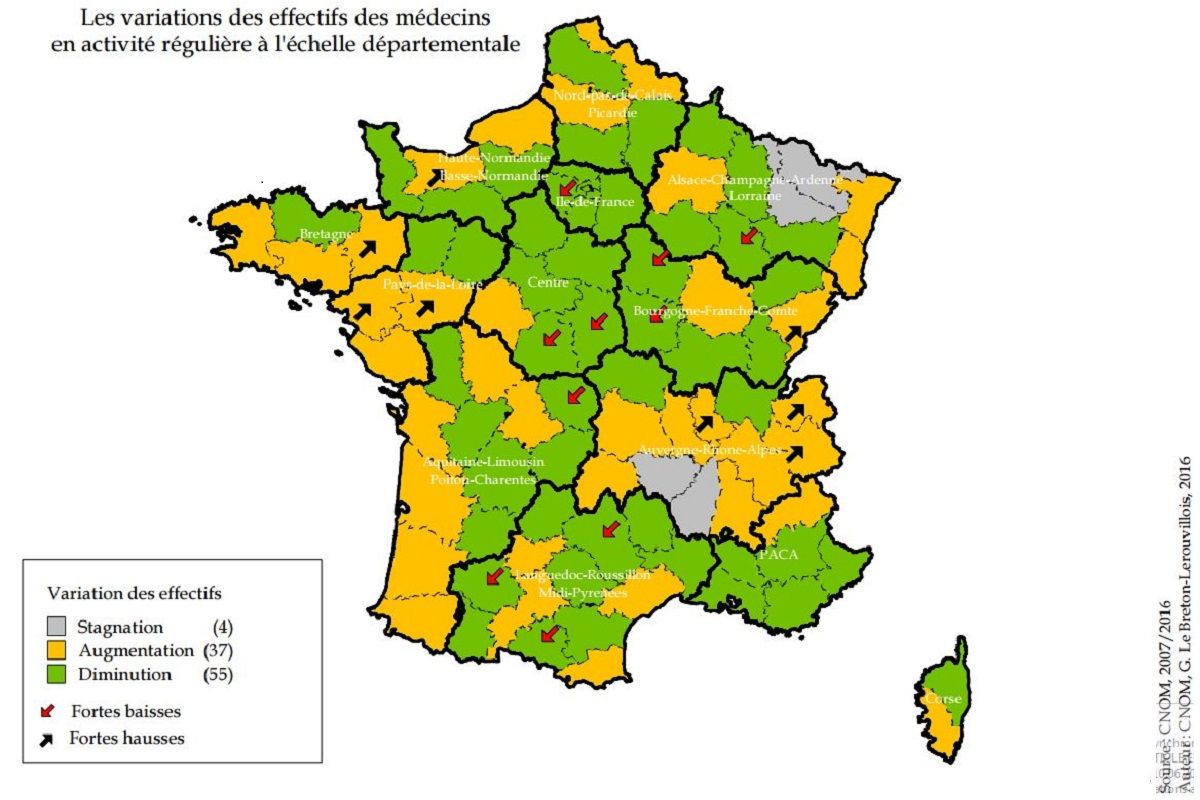 Carte des variations des effectifs des medecins en activite reguliere a l echelle departementale 2007 2016