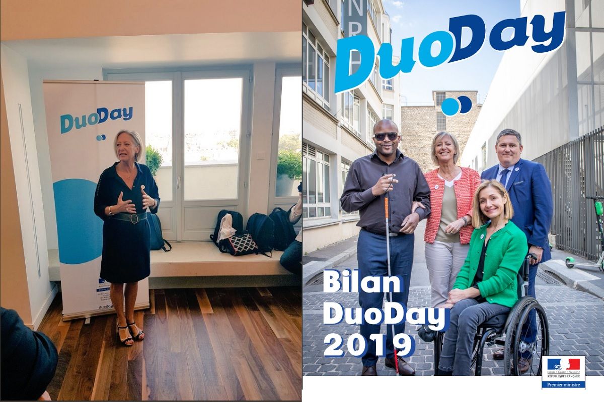 De gauche a droite Sophie cluzel lors de son discours a droite une affiche réalisé pour le bilan des DuoDay 2019 e2d23